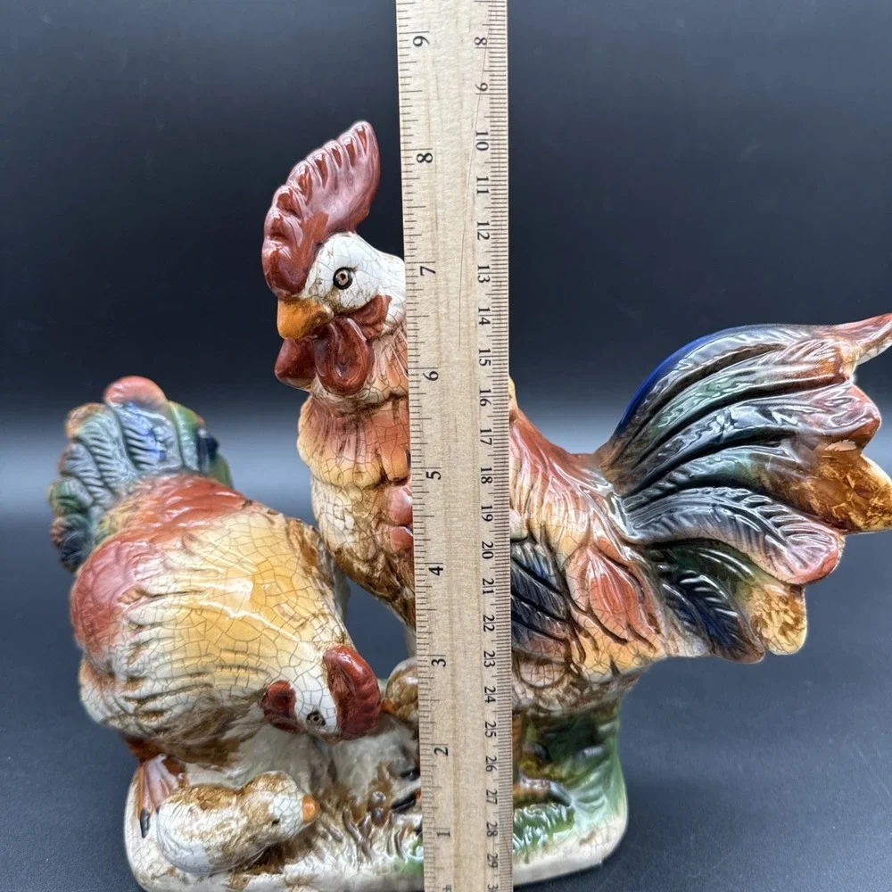 Rooster Hen Baby Chick Figurine - Crackle Effect Colorful Vintage